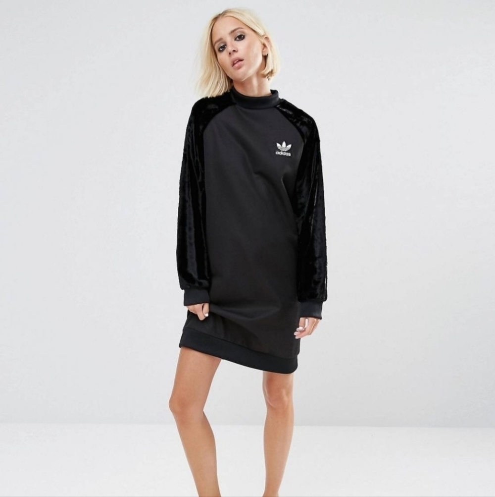 Adidas sweatshirt mock neck dress with velvet sleeves